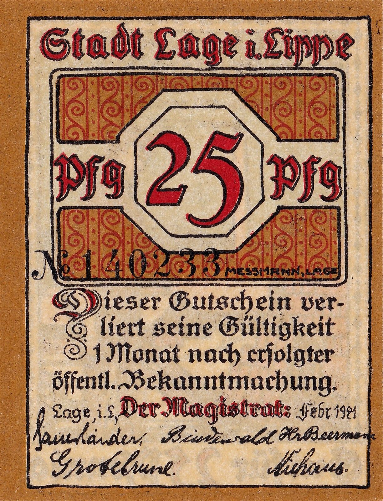 1921 Weimar Republic Notgeld Lippe 25 Pfennig