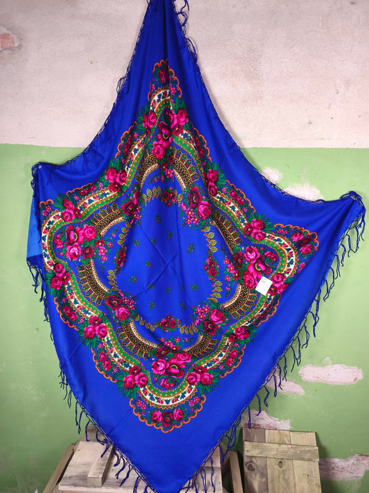 Slavic Folk Scarf “Volga Blue” / Pavlovo Posad 125cm