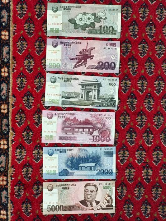 2008 Set DPRK 100, 200, 500, 1000, 2000 & 5000 Won (North Korean Currency)