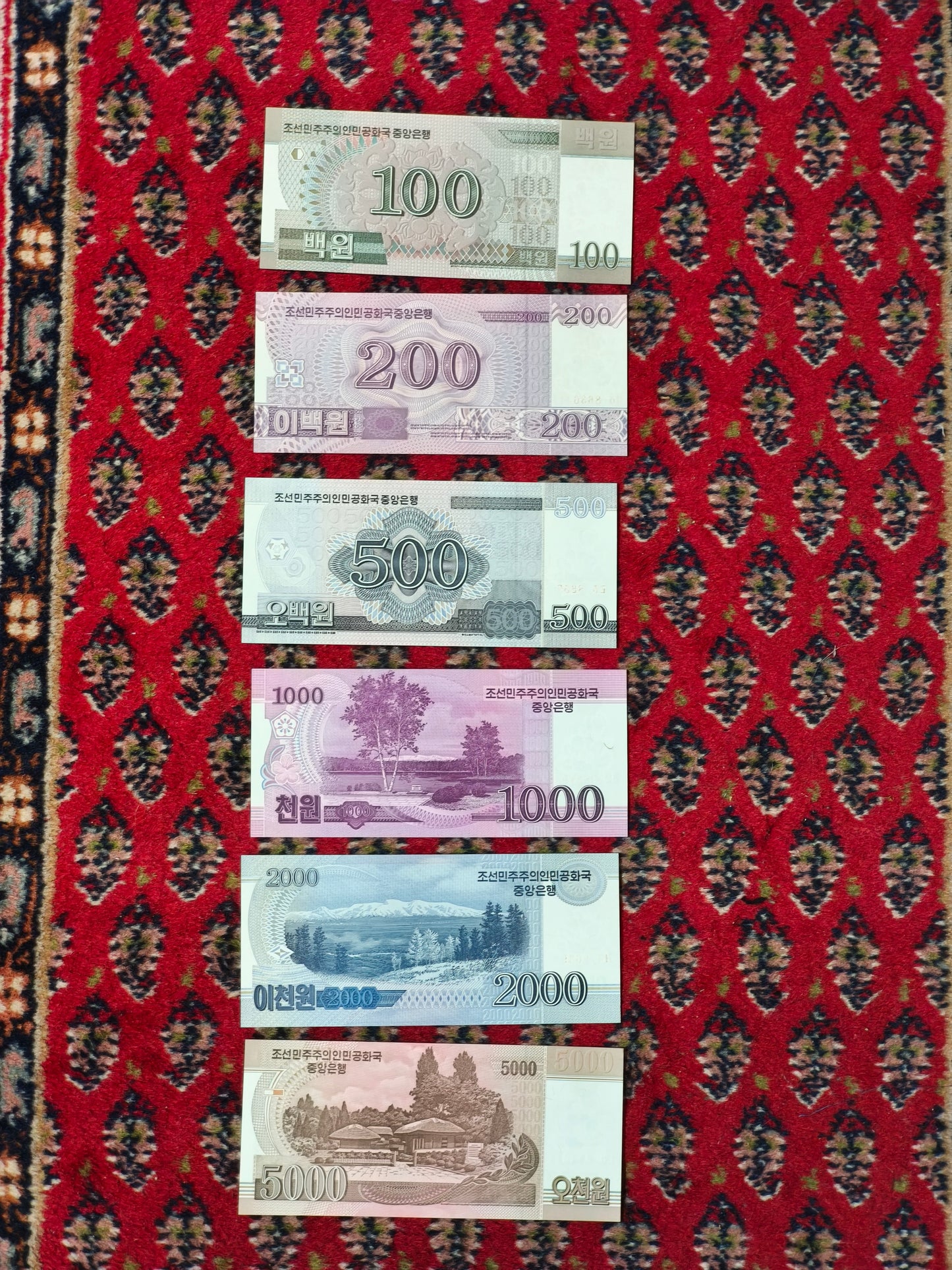 2008 Set DPRK 100, 200, 500, 1000, 2000 & 5000 Won (North Korean Currency)