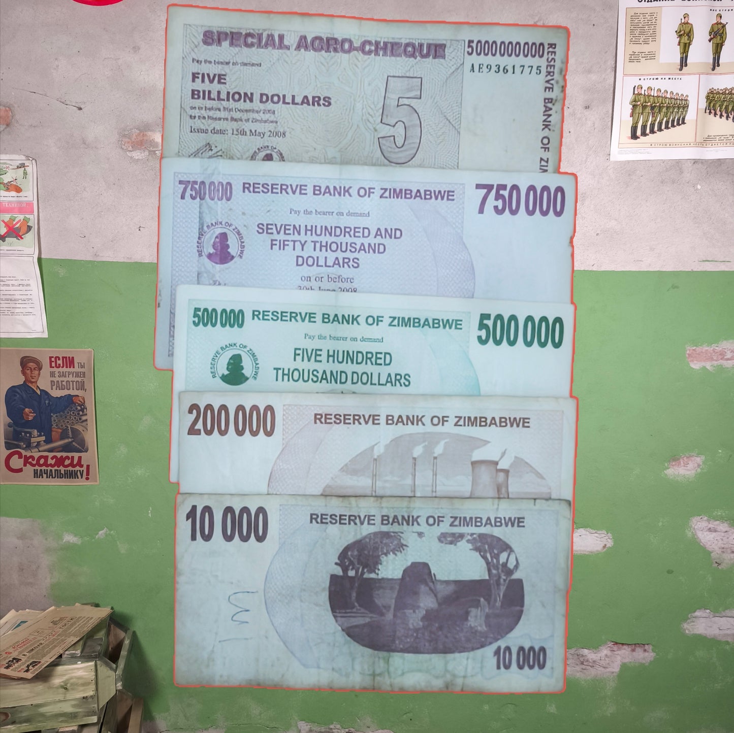 5+ Billion Zimbabwawe Dollars Hyperinflation Banknotes (Set of 5 Banknotes)