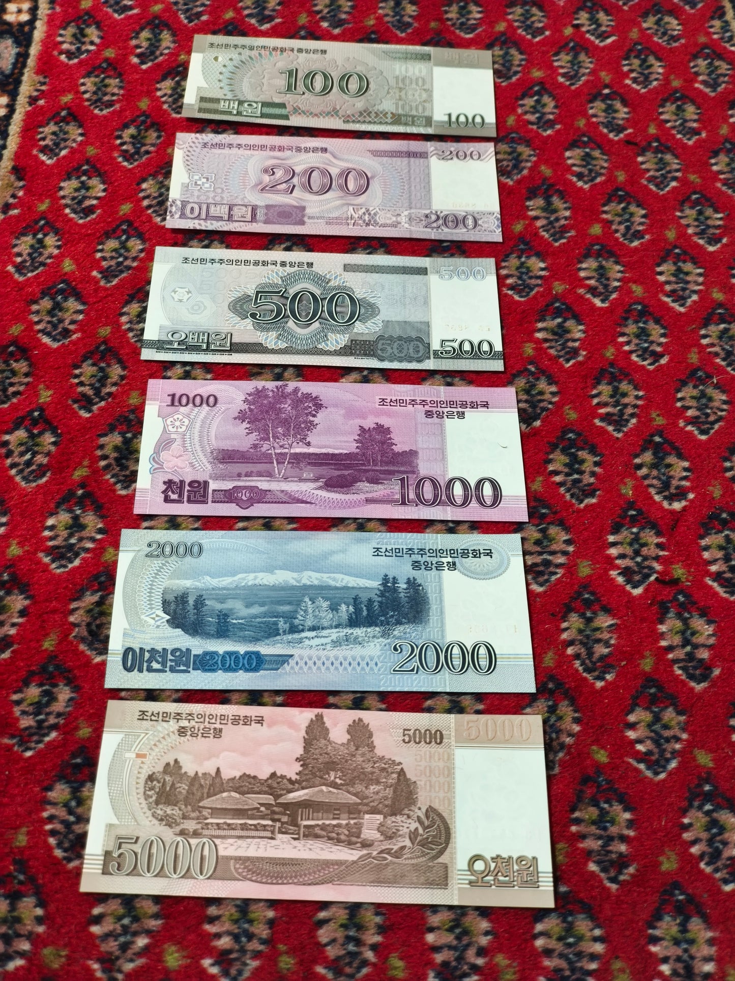 2008 Set DPRK 100, 200, 500, 1000, 2000 & 5000 Won (North Korean Currency)