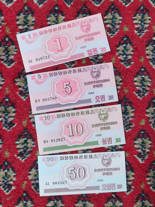 1988 DPRK 1,5, 10 & 50 on (Socialist Visitor) Red Serie Foreign Trade Currency