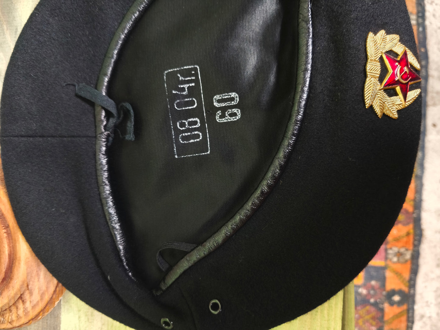 Unissued Russian Black Navy Infantry Beret with Soviet Insignia