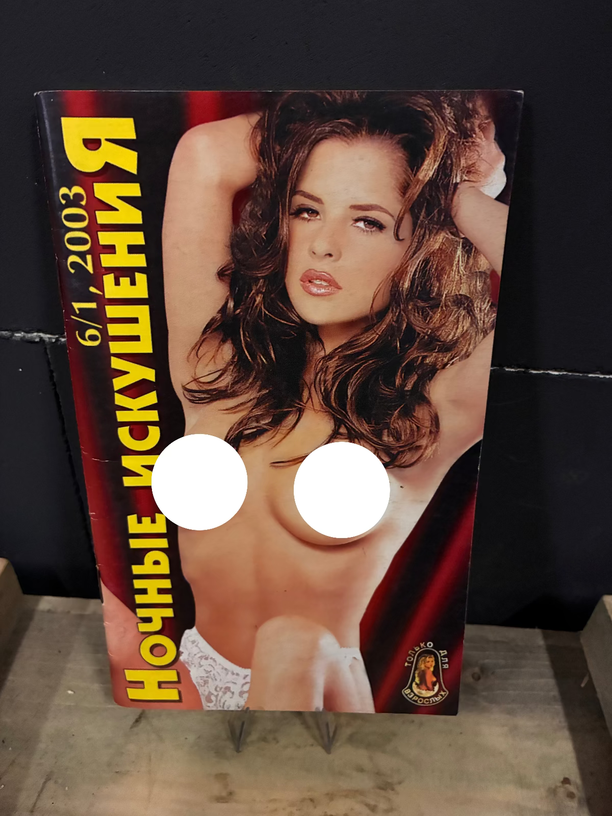 A rectangular printed cover or booklet standing upright, featuring a nude woman with long brown hair and large yellow Cyrillic text along the left side. The item is photographed against a dark wall on a wooden surface.