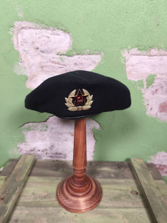 Unissued Russian Black Navy Infantry Beret with Soviet Insignia