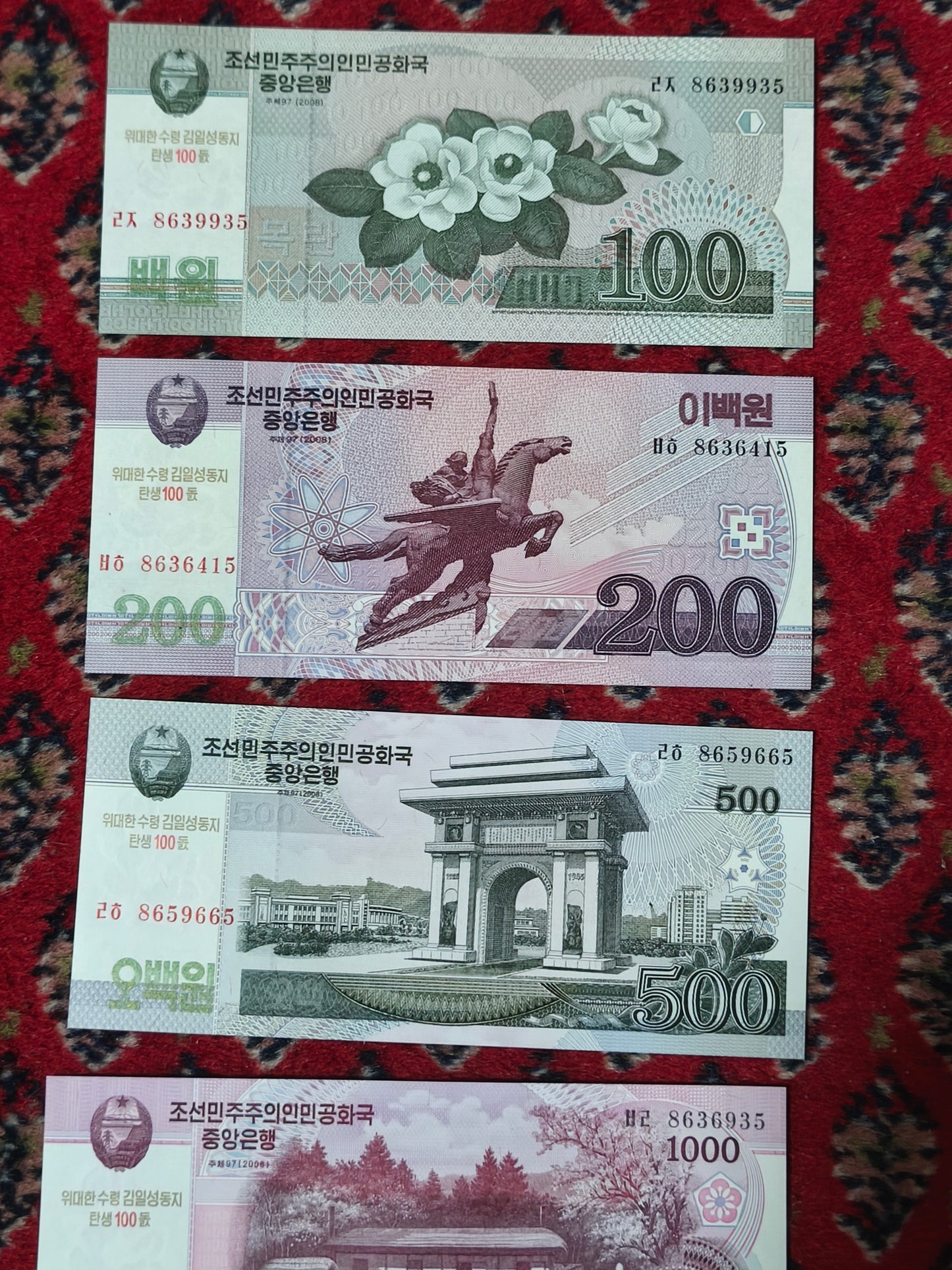 2008 Set DPRK 100, 200, 500, 1000, 2000 & 5000 Won (North Korean Currency)