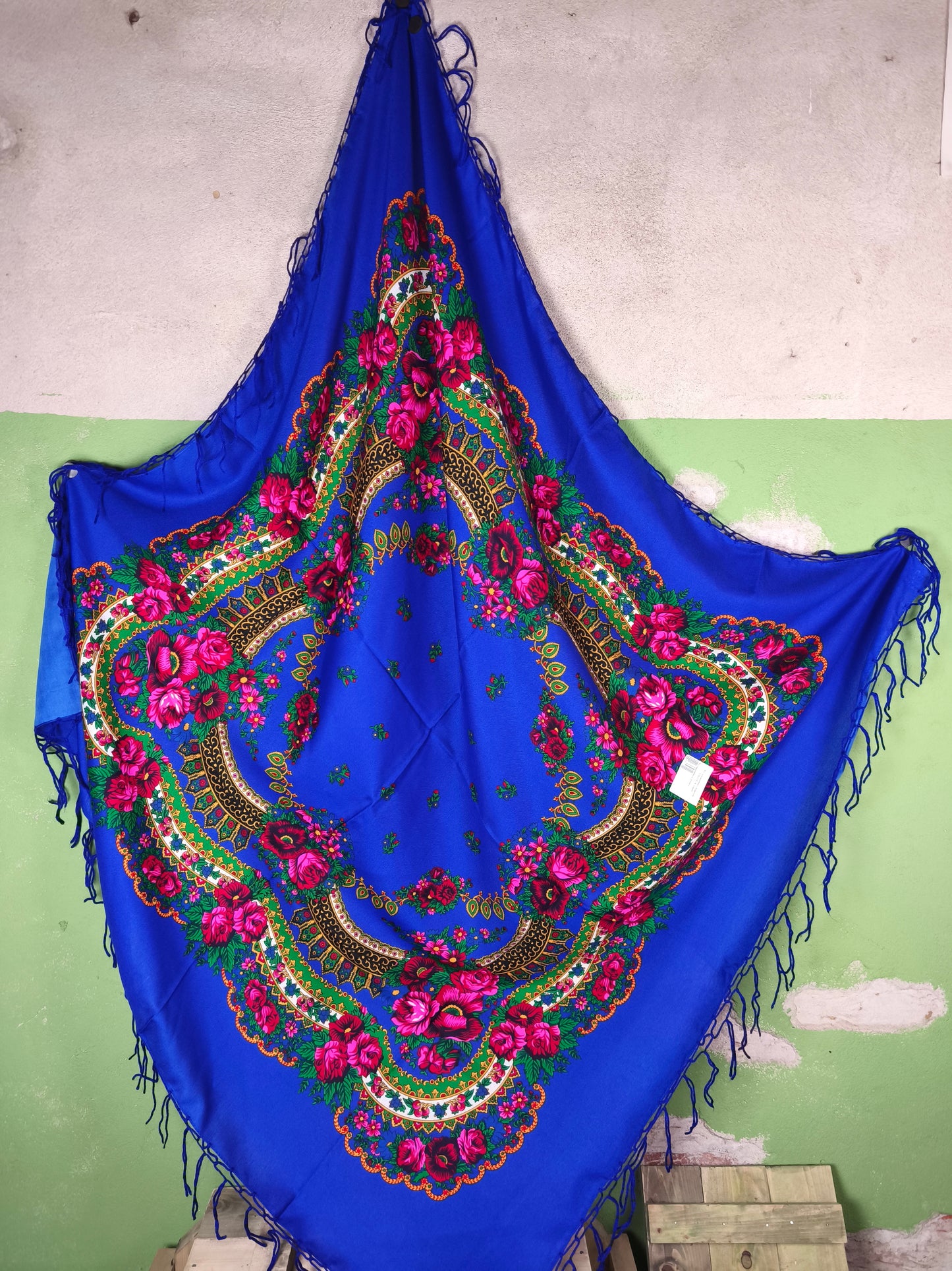 Slavic Folk Scarf “Volga Blue” / Pavlovo Posad 125cm