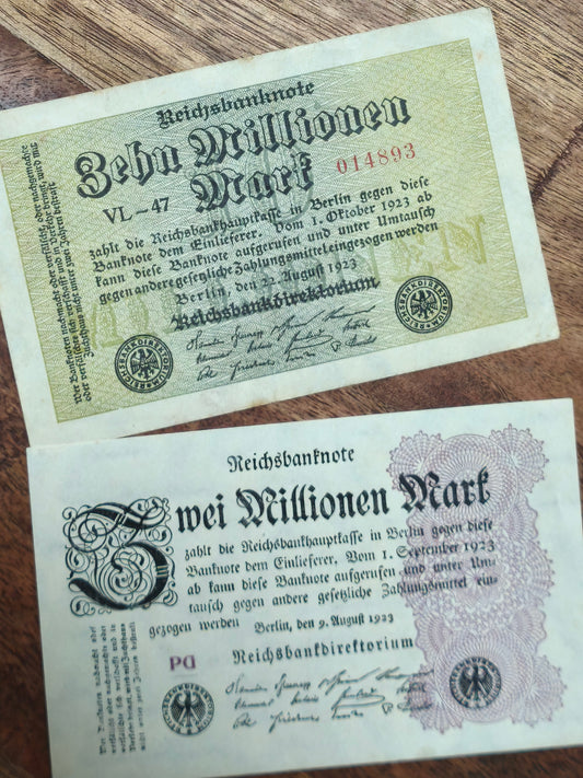 1923 Weimar Republic 2 000 000 & 10 000 000 Mark Banknote