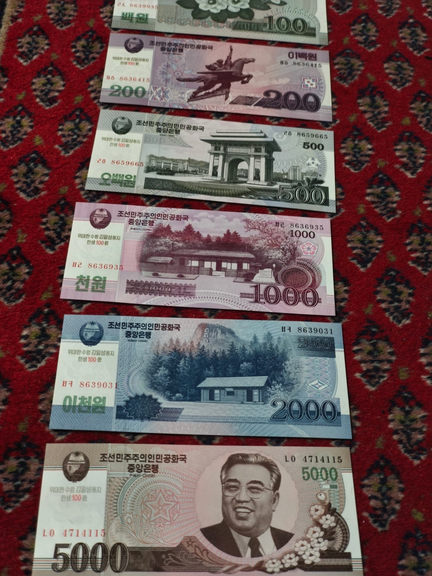 2008 Set DPRK 100, 200, 500, 1000, 2000 & 5000 Won (North Korean Currency)